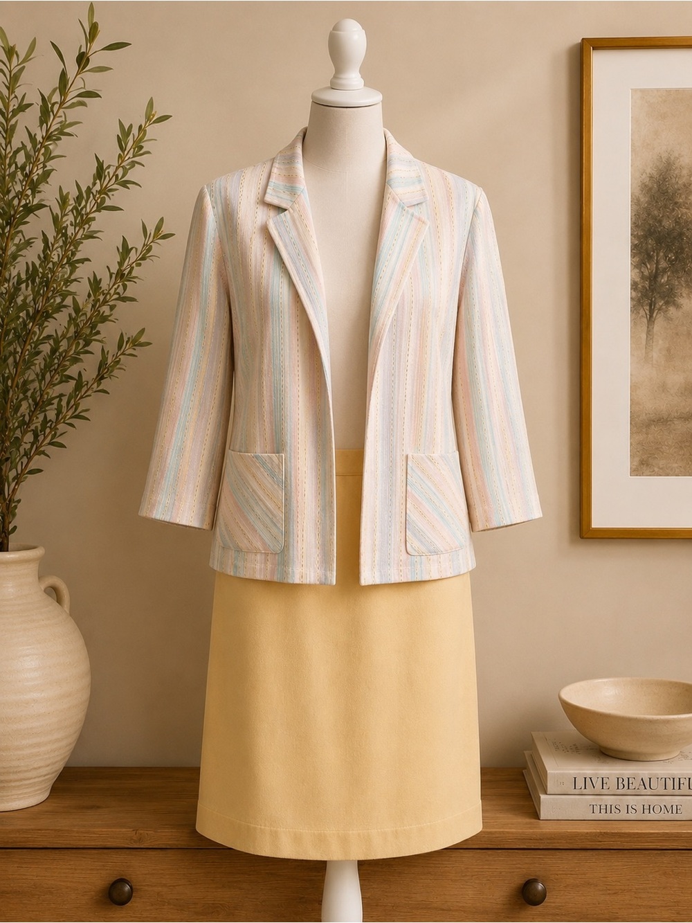 Fire Islander 2 Piece Skirt Suit Set Pastel Stripe Jacket & Skirt Size 16